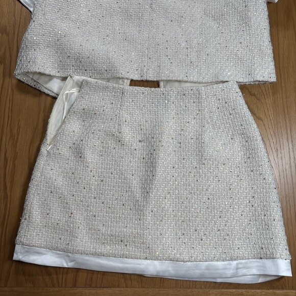 MABLE White Tweed Skirt Suit Set Pearl Button Satin Collar – Size S - Picture 8 of 13